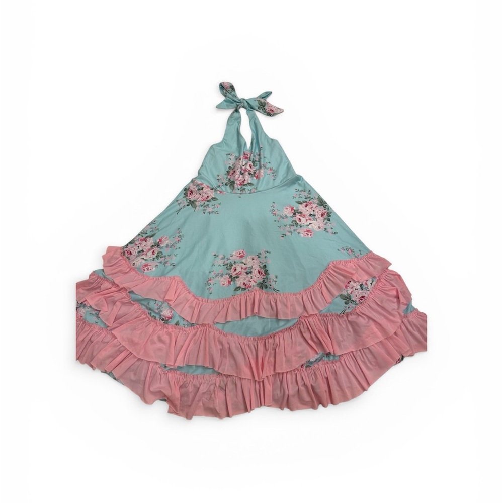 Girls' Floral Halter Ruffle Dress in Aqua and Pink